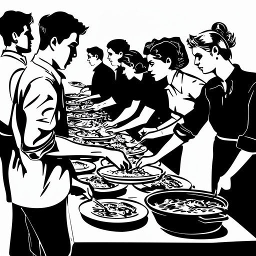 Potluck buffet, guests filling plates in black and white clipart