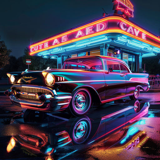Neon-lit 1967 Chevy Bel Air in front of retro diner at night