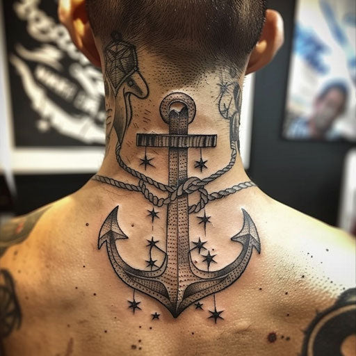 Men's neck tattoo with classic anchor and nautical stars