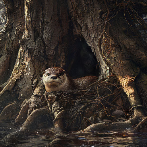 A rare otter den nestled in the roots of a riverside tree
