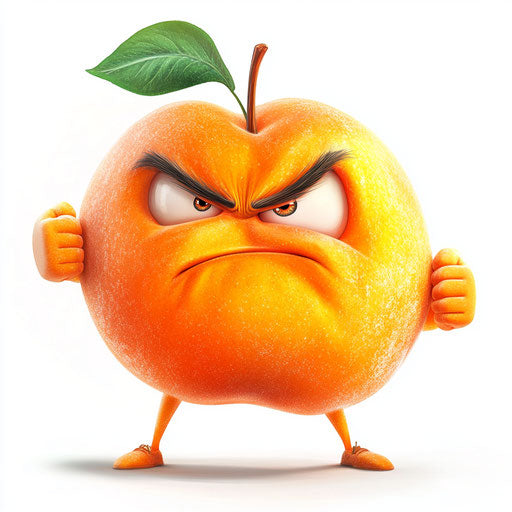 Humorous caricature of a peach with human characteristics