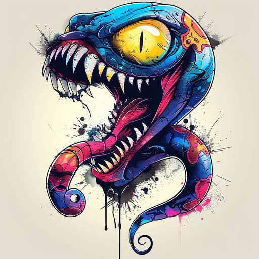 Cheerful tattoo sketch of a venomous cartoon character, flat design with bright primary colors