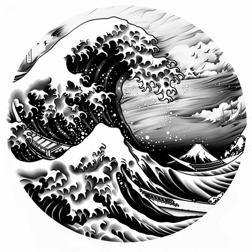 Artistic tattoo sketch of a crashing Japanese wave in monochrome