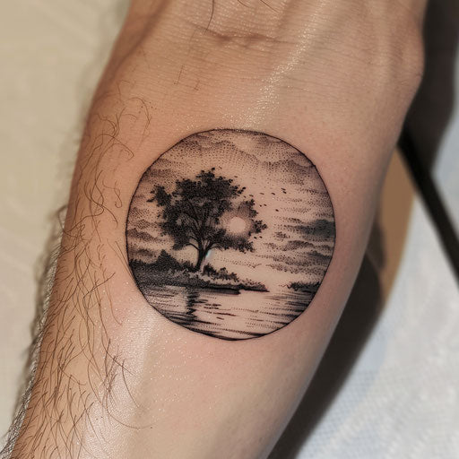 Black and grey sunset tattoo on white background