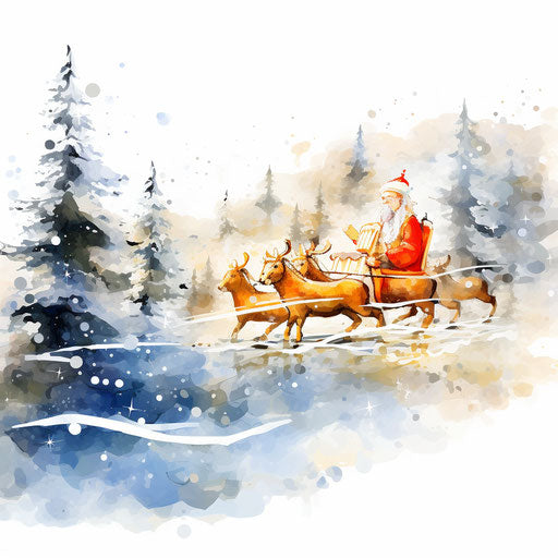 Santa sleigh clipart in Impressionistic Art style, on white background