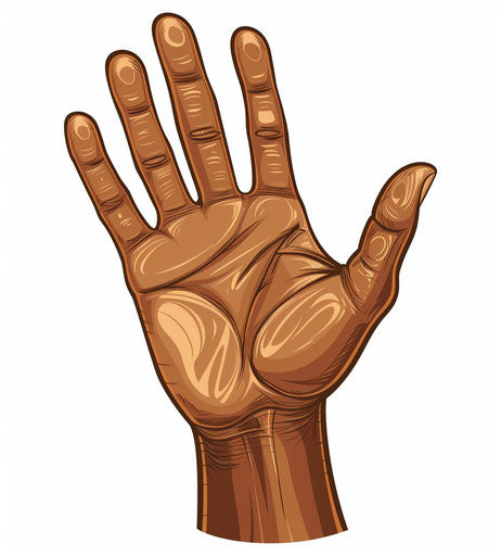 Open hand gesture, brown skin color, minimalistic design, white background