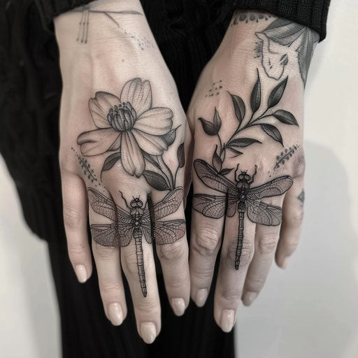 finger tattoos of a dragonfly, in the style of Maria Sibylla Merian