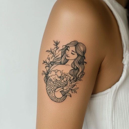 Feminine tattoos with a mermaid surrounded by seaweed, Sailor Jerry style