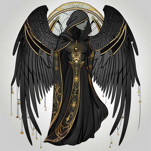 Stylized tattoo sketch of the angel of death with Art Deco elements, in black and metallic gold