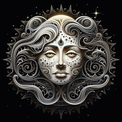 Ancient tattoo illustration, hand etched face piercing, moon