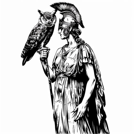 Athena with an owl in minimalist black and white style
