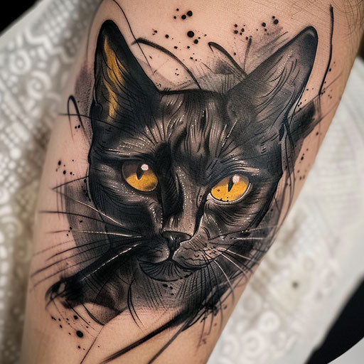Gothic black cat tattoo with glowing yellow eyes