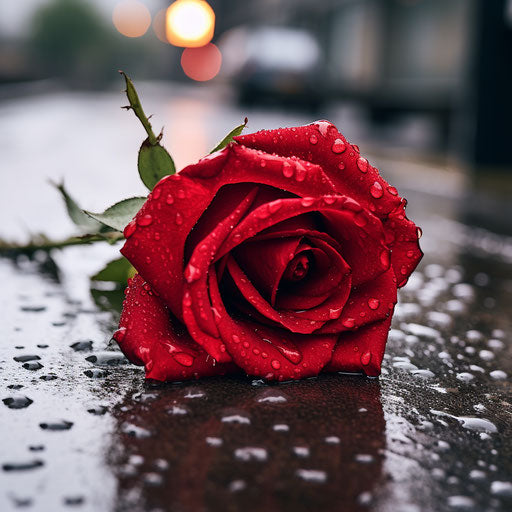 Red rose in raindrops, poetcore style romantic drama