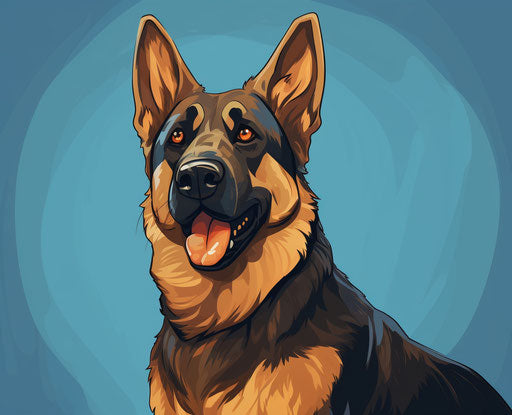 German Shepherd Dog Breed Images, in the style of dark indigo and light amber, flat shading, naïve drawing 31:25