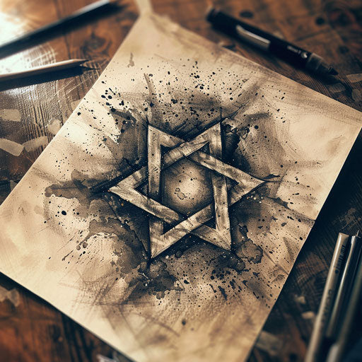Rustic tattoo sketch of a David symbol using earthy tones and natural textures