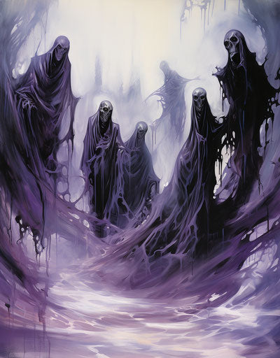 Drawing of ghosts, dark silver and purple style, tattoo, flowing draperies