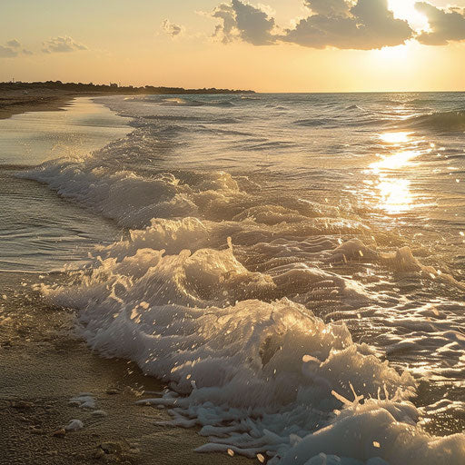 Nissi Beach, Cyprus at sunset with serene waves and golden light