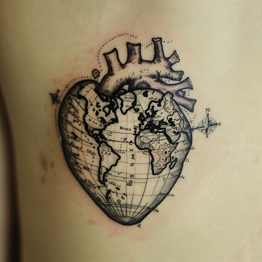 Black heart with map and travel motifs in sketch