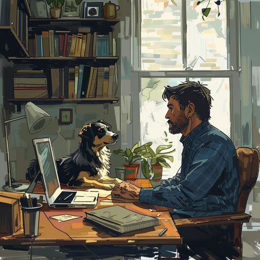 Man working in home office with dog on chair