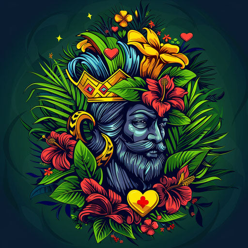 King of hearts surrounded by lush foliage and bright flowers