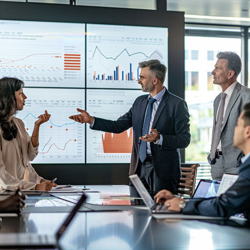 Strategic executive meeting with detailed financial charts