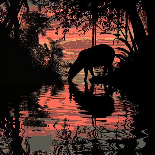 Silhouette of a Baird's tapir drinking in a serene pond