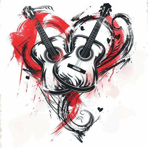 Romantic tattoo sketch of intertwined guitars forming a heart, red and black clipart