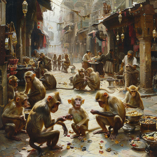 Mischievous monkeys in an abandoned marketplace