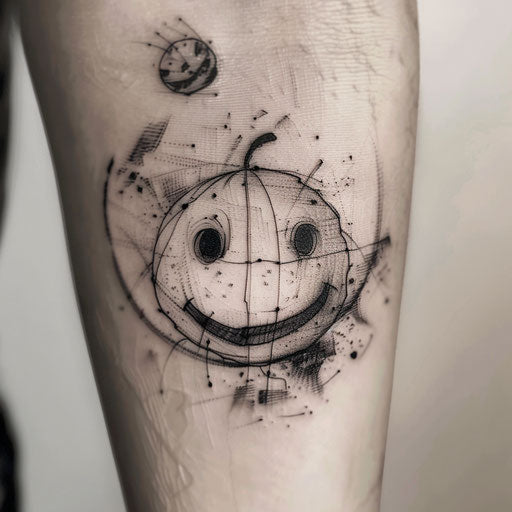 Surrealist smiley face tattoo artwork, dream-like imagery, on white
