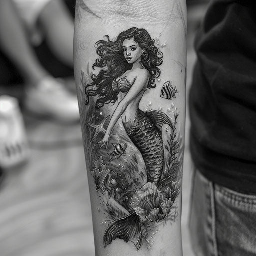 Mermaid tattoo in black and grey shading