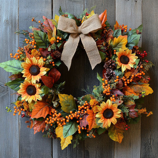 Wreath of rich autumn leaves, bright sunflowers, and tiny orange berries with a burlap bow