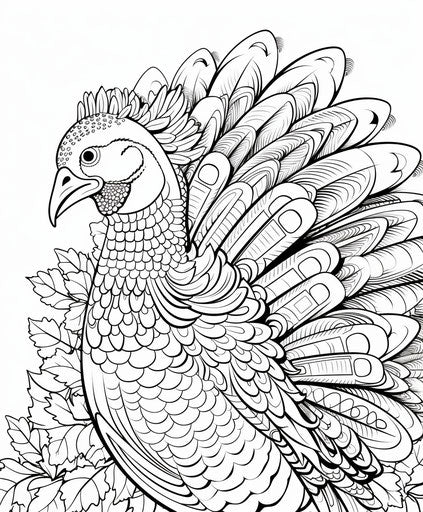 Adult turkey coloring page, floralpunk style, whimsical cartoon 5:6