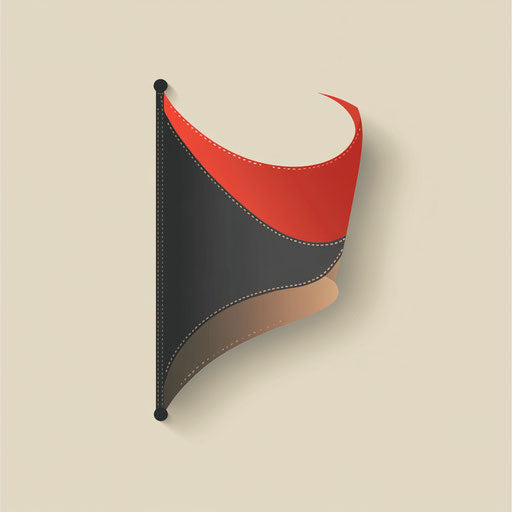 Minimalistic flag shape with stitching details, refined typography, gray and red palette on beige background