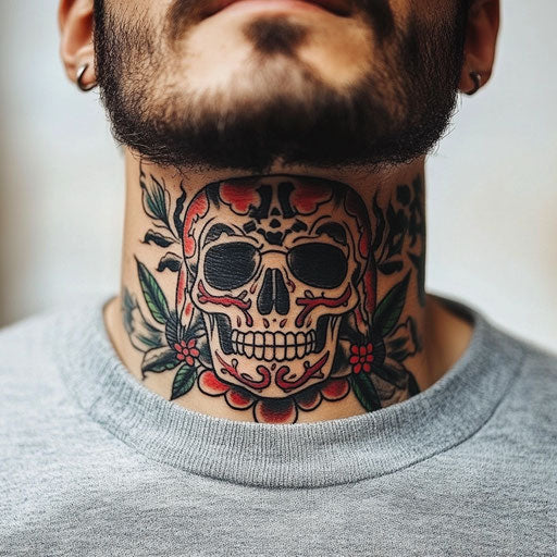 Men's throat tattoos with traditional skull