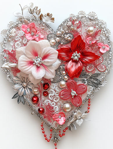 Valentine's Day heart with lace and beads, flowers in the style of Thomas Kinkade