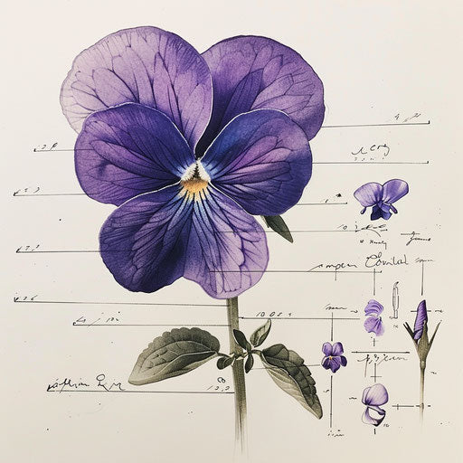 Botanical drawing of a violet flower tattoo with scientific labels and a touch of realism