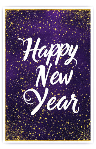Purple card with golden confetti, "Happy New Year" inscription