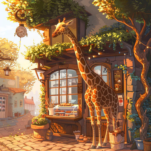 A giraffe running a cozy café, serving coffee to animals