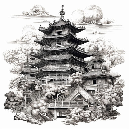 Black and white drawing of a temple in realistic style