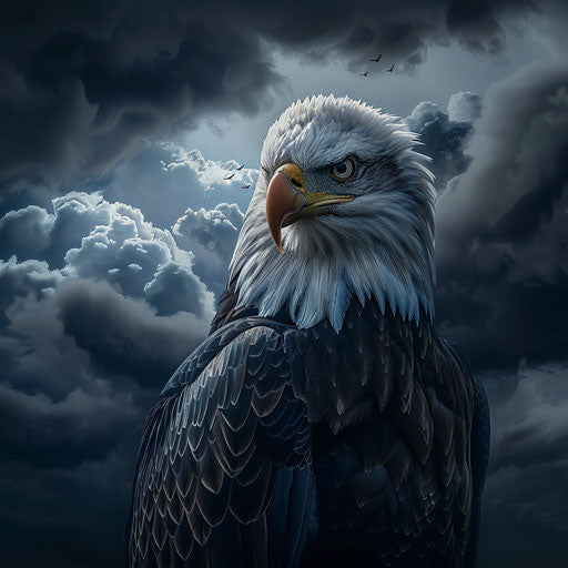 Bald eagle under a stormy sky, dark and brooding, in the style of Simen Johan