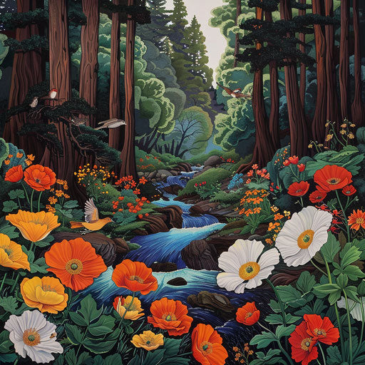 Vibrant ecosystem with wood poppies along a forest creek