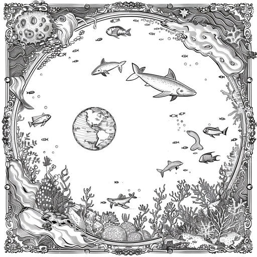 Detailed illustration of Earth with underwater scenes and marine life
