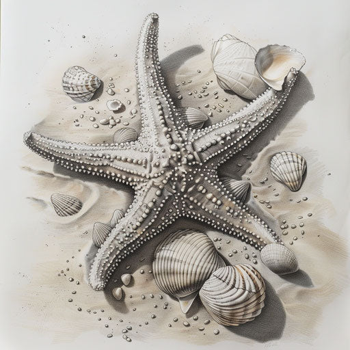 Sketch of a starfish surrounded by shells and sand grains