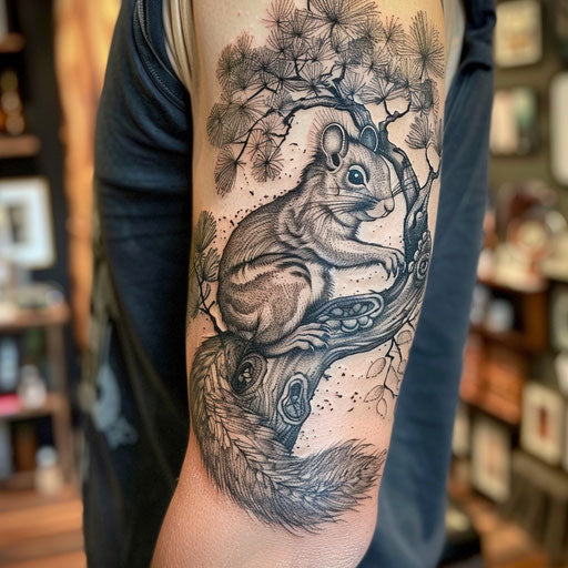 Bold flat sketch of a squirrel with a dramatic, detailed oak tree backdrop