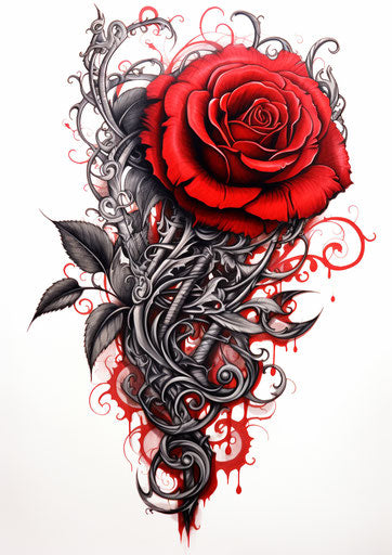 Artistic drawing of a red rose in detailed feather style