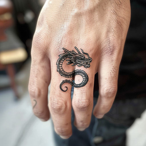 Ring tattoo of a small dragon wrapped around the finger