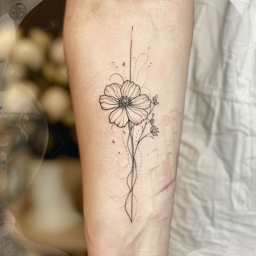 Minimalist black line tattoo sketch of October birth flower, cosmos, on a subtle watercolor background