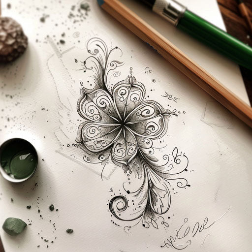 Serene sketch of a clover with zen doodle patterns and calm tones