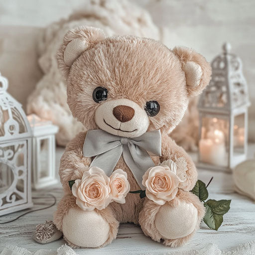 Plush bear with roses and gray ribbon on the table