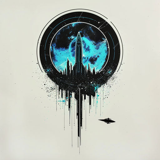 Futuristic space eclipse with spaceship in neon blue